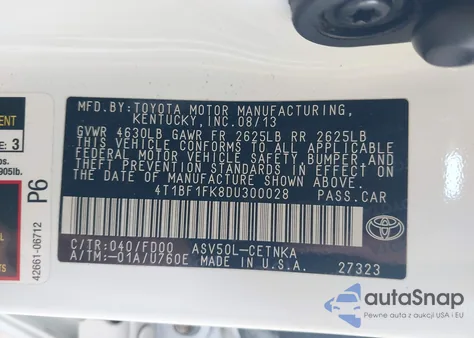 2013 Toyota Camry Le из США, поврежденный, VIN 4T1BF1FK8DU300028